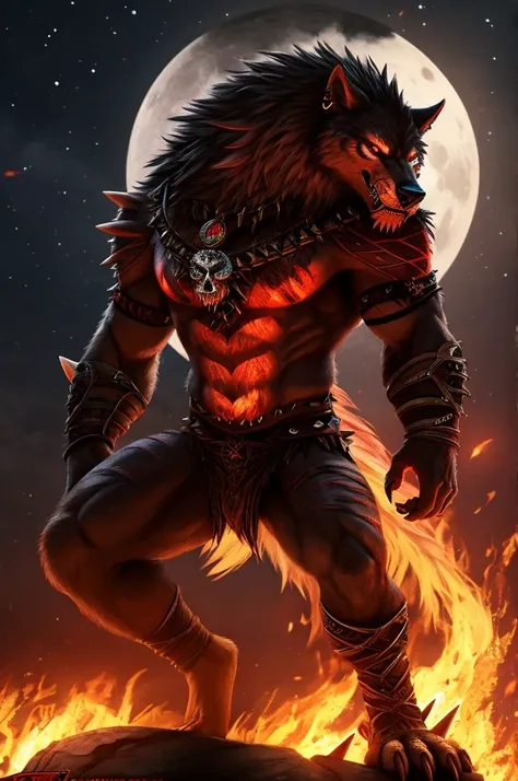 a 3d bloody red and white wolf demon anthro human boy, with ancient words on its back with sharp claws, sharp teeth, tattoos, fa...