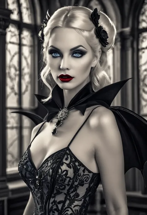 fantasy art deco (art deco: 1.5) a (black and white: 1.5) glamours (vampire: 1.5) model shot, raw, award winning, of an exquisit...