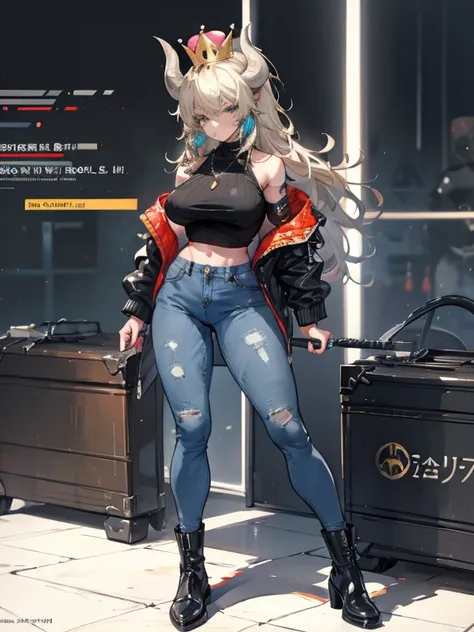 (work of art:1.2, best qualityer), Bowsette, beautiful adult woman, mature woman, standing alone, trunk, big boobies, Dark wash skinny jeans, open jacket, neckleace, ankle boots, loose waves, The center, the middle part, the nucleus, simple hoop earrings, ...