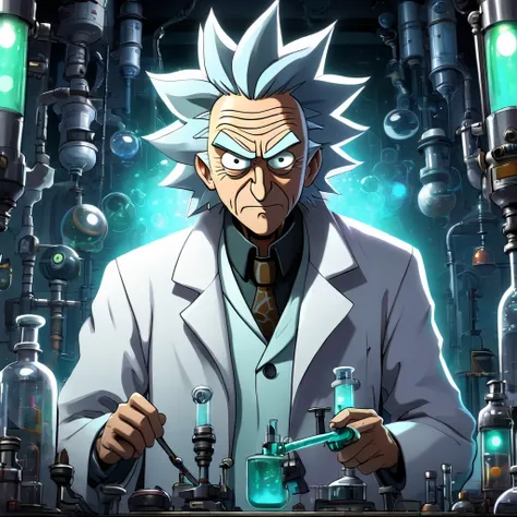 rick sanchez: The mad scientist with gray hair and a white coat, in his laboratory full of strange inventions, with an expression of fascination on his face. Dark colors and stylized features.