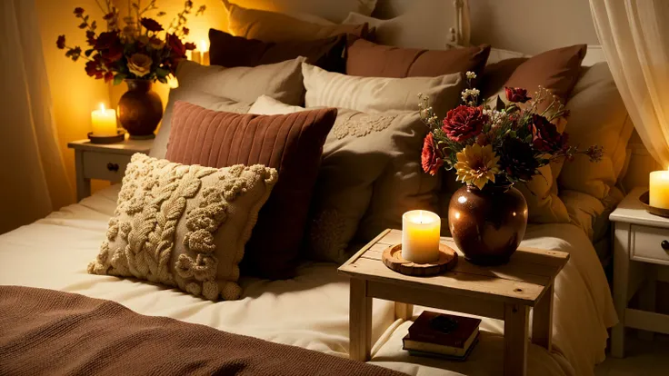 a bed with a white blanket、there is a brown vase with flowers and a candle in it, cozy candlelight, warm and cozy colors, cozy a...