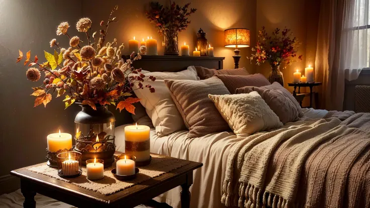 a lit candle on a table in a bedroom with a bed, cozy and quiet atmosphere, warm and cozy colors, cozy candlelight, cozy atmosph...