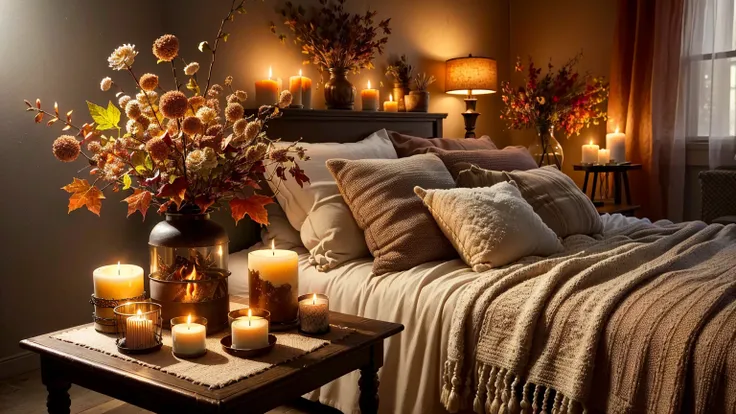 a lit candle on a table in a bedroom with a bed, cozy and quiet atmosphere, warm and cozy colors, cozy candlelight, cozy atmosph...