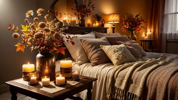 a lit candle on a table in a bedroom with a bed, cozy and quiet atmosphere, warm and cozy colors, cozy candlelight, cozy atmosph...