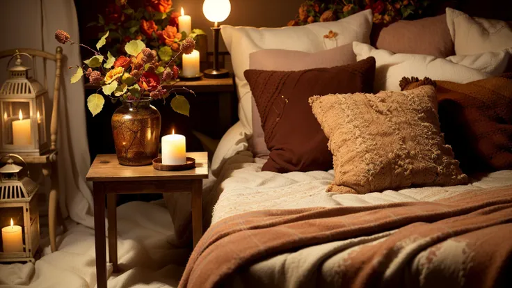 there are many candles on the bed with a brown blanket., warm and cozy colors, cozy candlelight, cozy atmosphere, cozy atmospher...