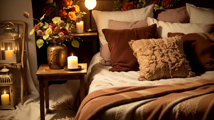 there are many candles on the bed with a brown blanket., warm and cozy colors, cozy candlelight, cozy atmosphere, cozy atmospher...