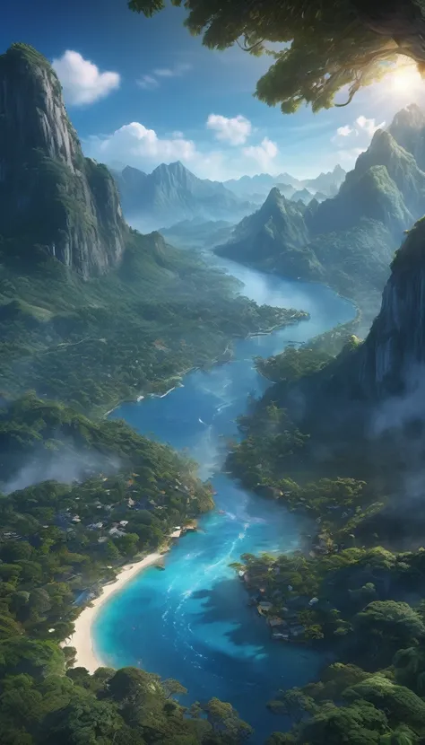 (masterpiece, best quality:1.2), (masterpiece, best quality:1.2), landscape, aerial perspective, Tropical mountains, landscape indigo accent, mythology, cinematic,detailed, Atmospheric,backlight,epic, cinematic, conceptual art, matte painting, Beautiful sc...