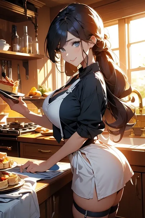 (dynamic angle:1.3, front view:1.1, breast focus:1.3, from above:1.1), (dynamic posing:1.2, sexy posing:1.2), (seductive smiling:1.3), ((looking at cake,Taking a cake out of the golden oven, worried about the outcome:1.2)),highest quality、(real、photorealis...