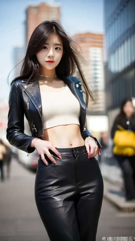 20 year old japanese girl, wearing a black leather jacket, black trousers, black shoes, black crop top, has a slim stomach, long...