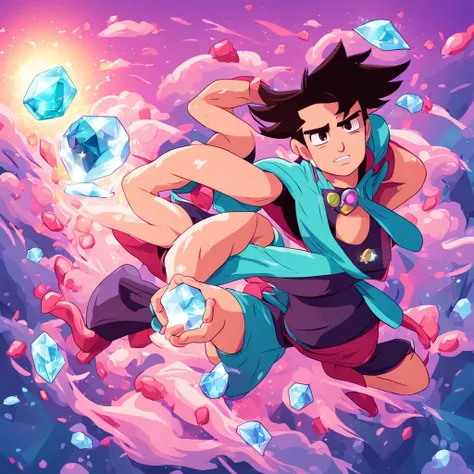 Steven Universe: Steven with his gemstone shining on his chest, using your magical powers to help the Crystal Gems save the day. Beach scene with the sea in the background and the Crystal Gems fighting monsters. Vibrant colors and detailed lines