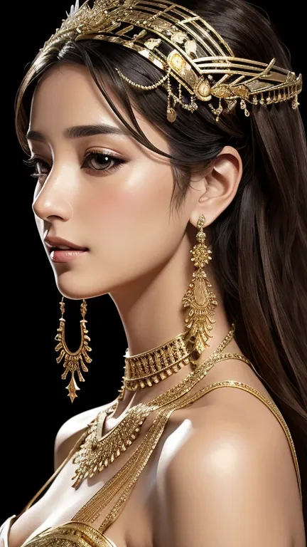 A regally dressed, a digitally photorealistic of a female beautiful egypt figure with a serene expression, suggesting composure and tranquility. Her head is adorned with an intricate headdress featuring mechanical elements and floral motifs, blending the o...