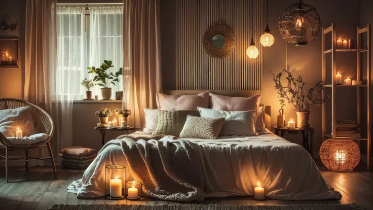 alafed bedroom with bed, chair, and the candles were lit, dimly lit bedroom, warm ambient lighting, warmly lit interior, pleasan...