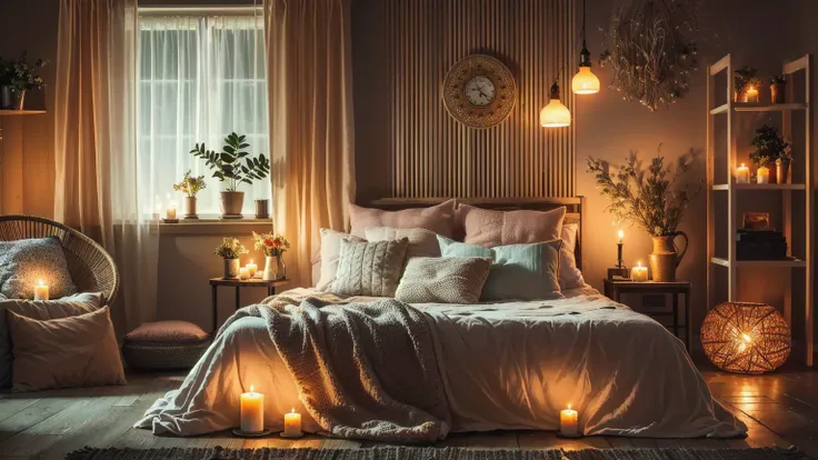 alafed bedroom with bed, chair, and the candles were lit, dimly lit bedroom, warm ambient lighting, warmly lit interior, pleasan...