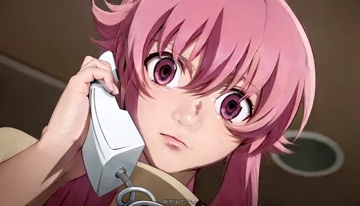 anime girl with pink hair talking on a desk phone, mirai nikki, anime girl named gasai yuno, realistic pink eyes, gasai yuno, cl...