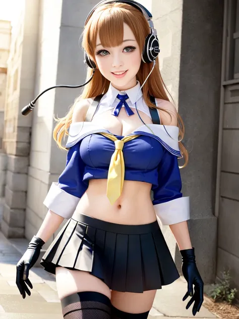 fletcher \(kancolle\), 1girl, breasts, skirt, solo, large breasts, blue shirt, yellow neckerchief, headphones, shirt, gloves, th...