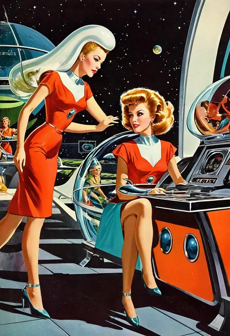 retro futuristic, ((retro futurism)), ((science fiction)), 1950s, (((1960s))), 1970s, (alien women),