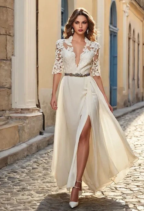 Romantic style, beautiful woman, beautiful clothes, accessories, full length,