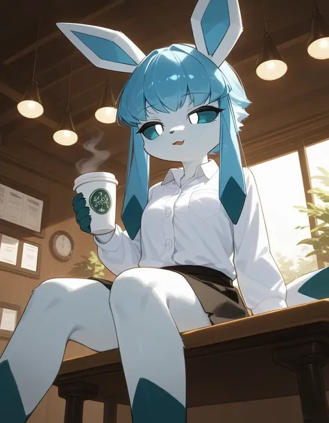 solo, score_9,score_8_up,score_7_up, source_furry, an anthro furry glaceon female, blue sclera, white eyes, wearing white button...