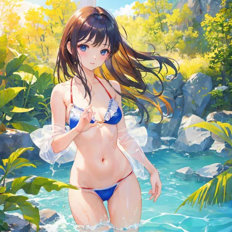 Masterpiece, Masterpiece, Highest quality, best quality, realistic, 8k wallpaper, official art, very detailed CG ความสามัคคี วอลล์เปเปอร์ 16k, (realistic: 1.4), Beautiful Girl,Wear a small, short bikini., Standing in the clear swimming pool water ,