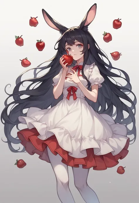 1girl,animal ears,apple,black hair,cherry,dress,food,fruit,gradient,gradient background,grey background,holding food,holding fruit,long hair,pantyhose,rabbit ears,red apple,solo,strawberry,very long hair,white legwear