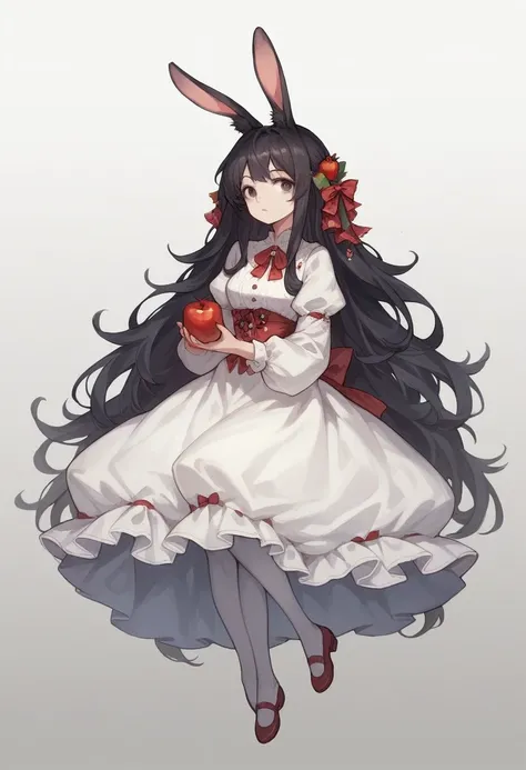 1girl,animal ears,apple,black hair,cherry,dress,food,fruit,gradient,gradient background,grey background,holding food,holding fruit,long hair,pantyhose,rabbit ears,red apple,solo,strawberry,very long hair,white legwear