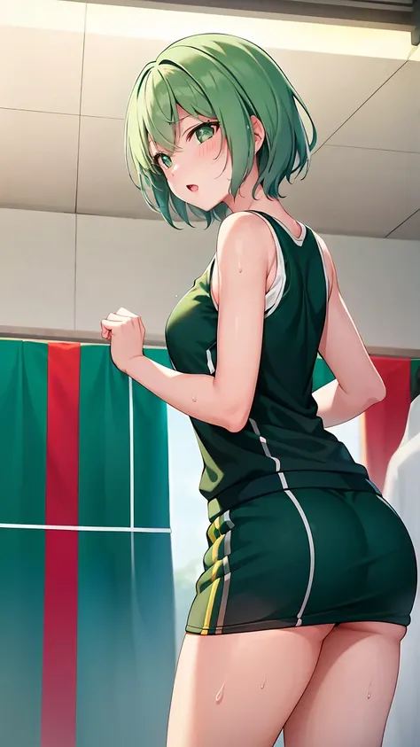 Girl with short green hair, Small size breasts,、Green Eyes, 、,Full body photo from head to toe、Volleyball Player、Volleyball Uniforms、、Uplifting、Leaning forward、、receive、Diving into the ball、Desperate、Sweat、Uplifting、A moving picture