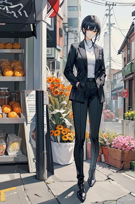 ((Work of art)), ((Masterpiece)), 4K, detailed face, 1 woman, Asian, short black hair, orange irises, wears an open black suit, black pants, boots, black gloves, hands in pockets, serious look, looking at viewer, yakuza scene, close up.