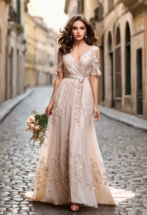 Romantic style, beautiful woman, beautiful clothes, accessories, full length,