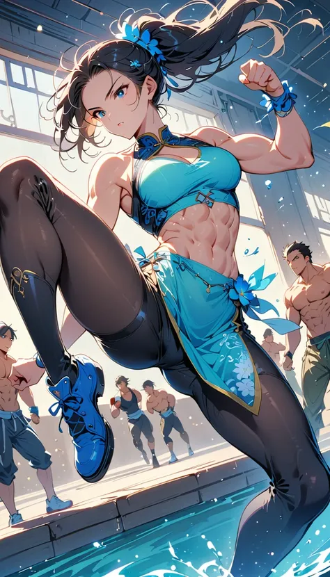 Boxing Match between muscular woman and doing a  very high kick, six pack, no men in background , Chinese dress crop top,  and leggings ,portrait, empty dojo background 