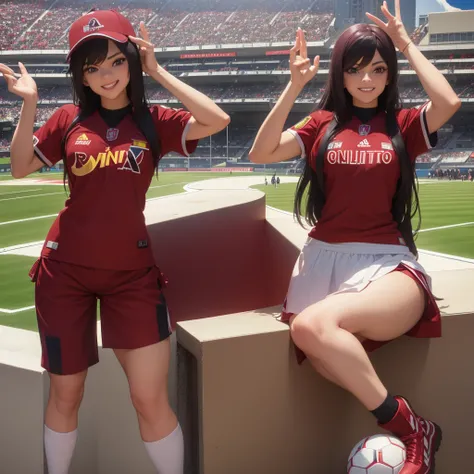 Girl dressed as Vinotinto Venezuelan soccer team, sexy, beautiful smile, in the background a football stadium
