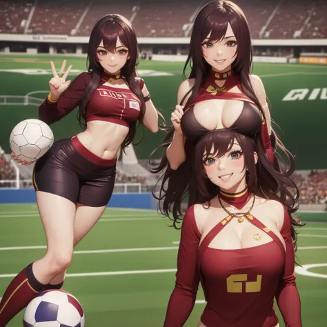 a girl dressed as Vinotinto Venezuelan soccer team, sexy, beautiful smile, in the background a football stadium
