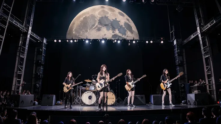 female j-rock band on stage, moon on the sky