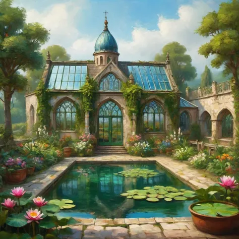 (work of art, highest quallity), details Intricate, high-quality textures, vivid texture, Greenhouse covered in vegetation in a fantastic medieval monastery, Exotic plants, Wild Green, many colorful flowers, glass House, swimpool, water lily, stuffy atmosp...