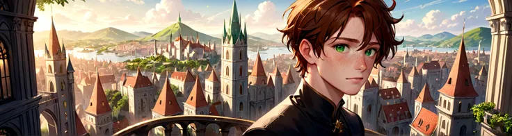 Male, solo, short brown hair, green eyes, freckles, fantasy city background