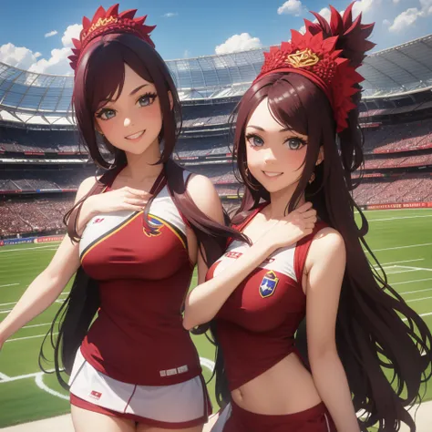 a girl dressed as Vinotinto Venezuelan soccer team, sexy, beautiful smile, in the background a football stadium
