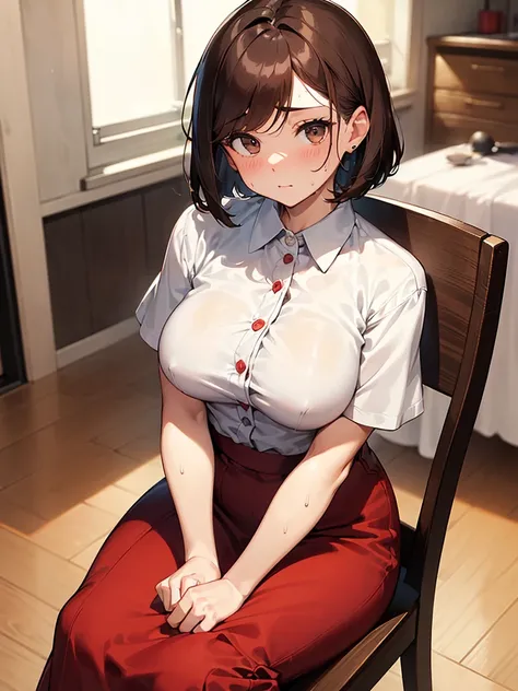 NSFW、My breasts are being massaged:2.4　Craggy hands　 (((Red long skirt, buttoning her blouse with her hands, opening the front:2.4. An elegant white short-sleeved blouse that shows off a white bra))),(((Apartment room、Sitting in a chair、Anxious expression、...