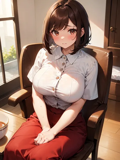 NSFW、My breasts are being massaged:2.4　Craggy hands　 (((Red long skirt, buttoning her blouse with her hands, opening the front:2.4. An elegant white short-sleeved blouse that shows off a white bra))),(((Apartment room、Sitting in a chair、Anxious expression、...