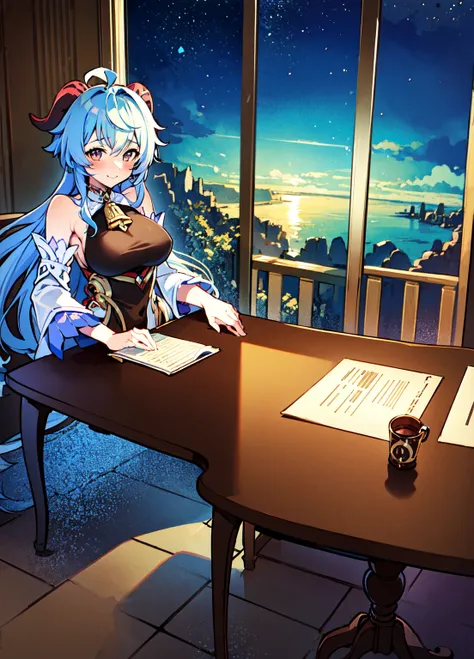 Very detailed,Pieces fly, Highest quality, Anime Images, Anime style etc.., Hired (Genshin Impact), Sit at the table, View from above, smile, 1 Girl, Twin Horn, ticker,Fits your body type, I can see the pussy , blush, Colorful pastel fantasy,Sexy pose,Very...