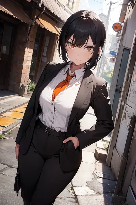 ((Work of art)), ((Masterpiece)), 4K, detailed face, 1 woman, Asian, short black hair, orange irises, wears an open black suit, black pants, boots, black gloves, hands in pockets, serious look, looking at the viewer, rich house scene.