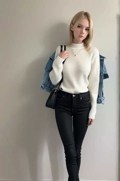 White woman wearing a rib knit sweater on her black skinny jeans, slender, confused face, 17 years old, The right hand puts your hand on your thigh and the left hand puts your hand on your waist,full body, blonde,standing