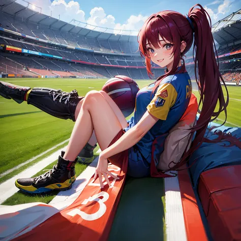 a girl dressed as Vinotinto Venezuelan soccer team, sexy, beautiful smile, in the background a football stadium
