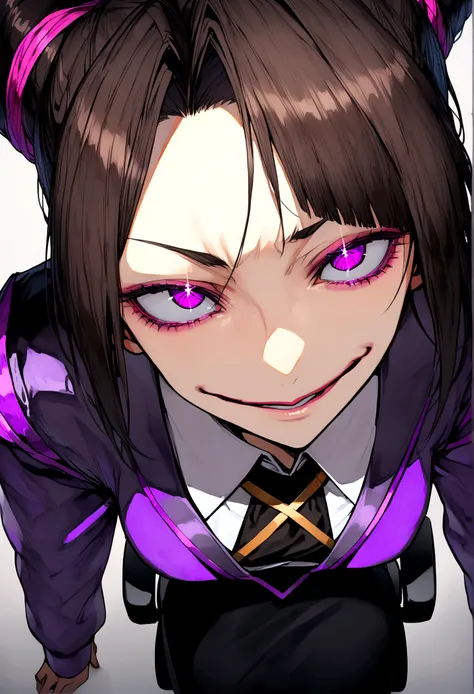 juri han,horn hair,shining purple eyes,sitting on an office chair,staring overhead,evil smile,short office skirt,bangs on the eyes
