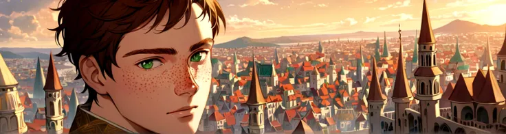 Male, solo, short brown hair, green eyes, freckles, fantasy city background