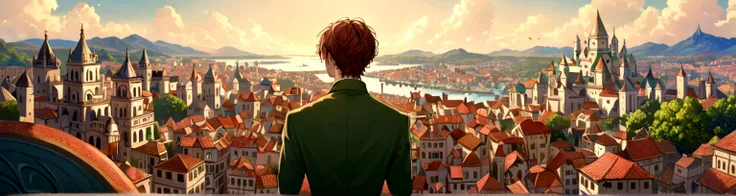 Male, solo, short brown hair, green eyes, freckles, fantasy city background