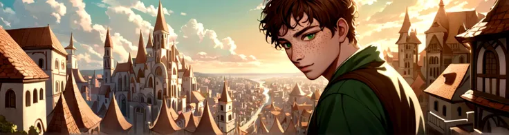 Male, solo, short brown hair, green eyes, freckles, fantasy city background