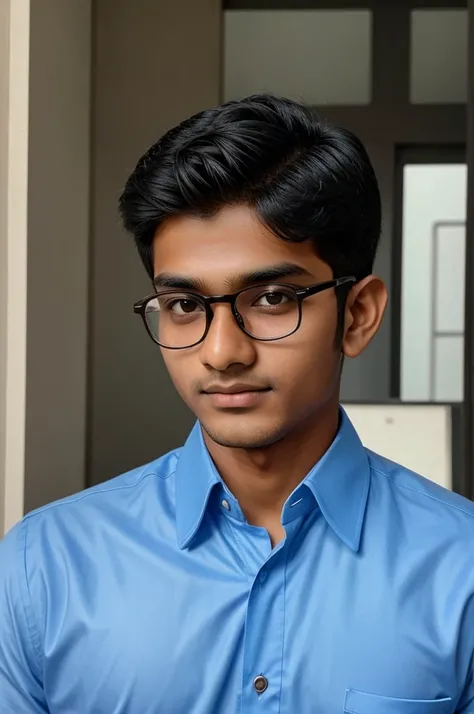 17 year old indian boy with fair skin wearing spectacles and narrow body posing far a linkedin picture in formals