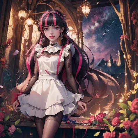 1 girl, a girl with bat wings, bat choker, necklace, centered, bat jewelry, gold bat Jewelry, smile, vampire fangs, (looking at viewer), Draculaura_MH, wavy hair, Alone, half black hair, half pink hair, multicolored hair, long hair, space scenery, seat on ...