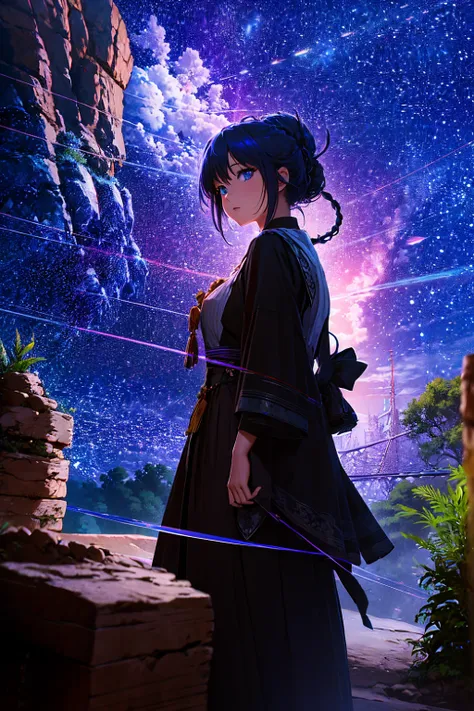 ​masterpiece、girl with（（a beauty girl、high detailed dresses、has her hair tied up））、Background with（（starrysky、Meteor swarm、black hole））、Huge fantastic tree、Its glowing.、plants、City、heavy wind