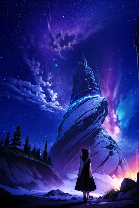 ​masterpiece、girl with（（a beauty girl、high detailed dresses、has her hair tied up））、Background with（（starrysky、Meteor swarm、black hole））、Huge fantastic tree、Its glowing.、plants、City、heavy wind