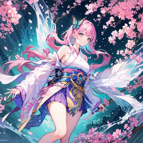 A vibrant and detailed anime-style illustration featuring a young female warrior in an enchanting garden filled with colorful butterflies. The character stands confidently, holding a beautifully decorated katana with both hands. She wears an intricately de...